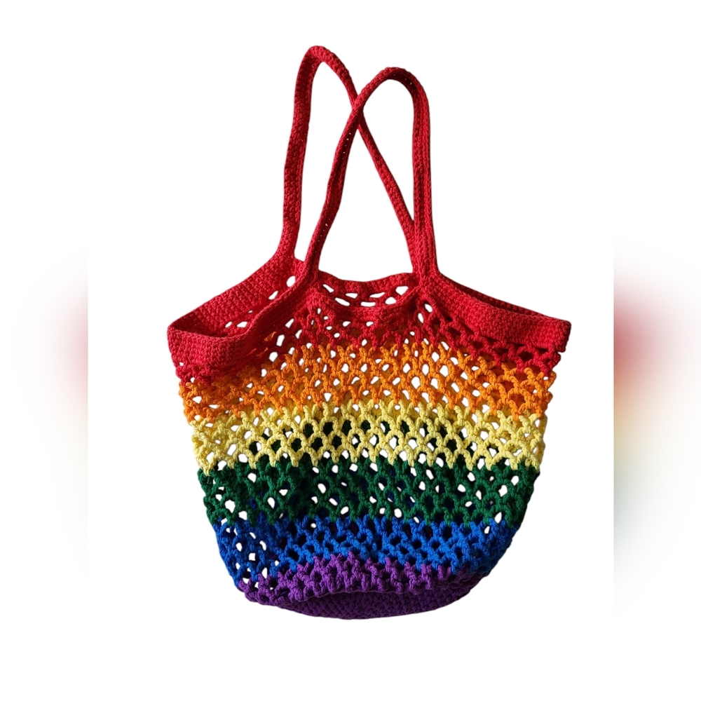Colorful Rainbow Hand Crochet Tote Bag Large Pride Festival Fun